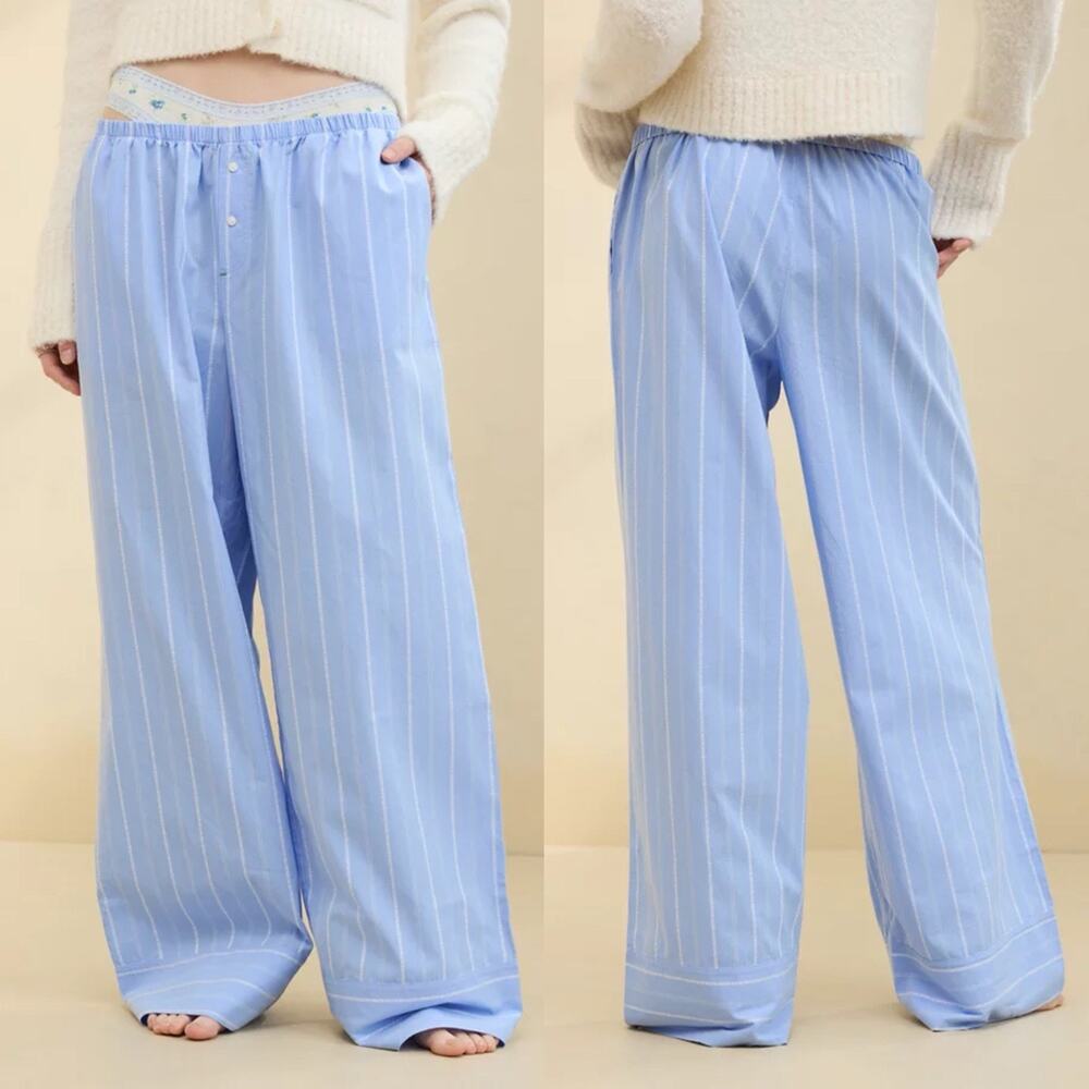 Aerie Off Duty Poplin Trouser PJ Pant Ocean Sky Stripe Small